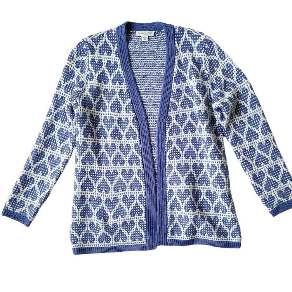 Coldwater Creek Cardigan Sweater Womens PS Blue Knit Heart Pattern Open Front